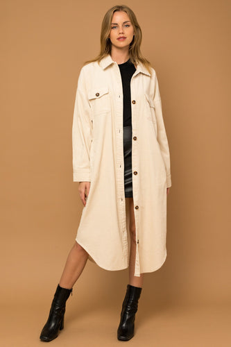 Long Corduroy Shirt Jacket in Cream