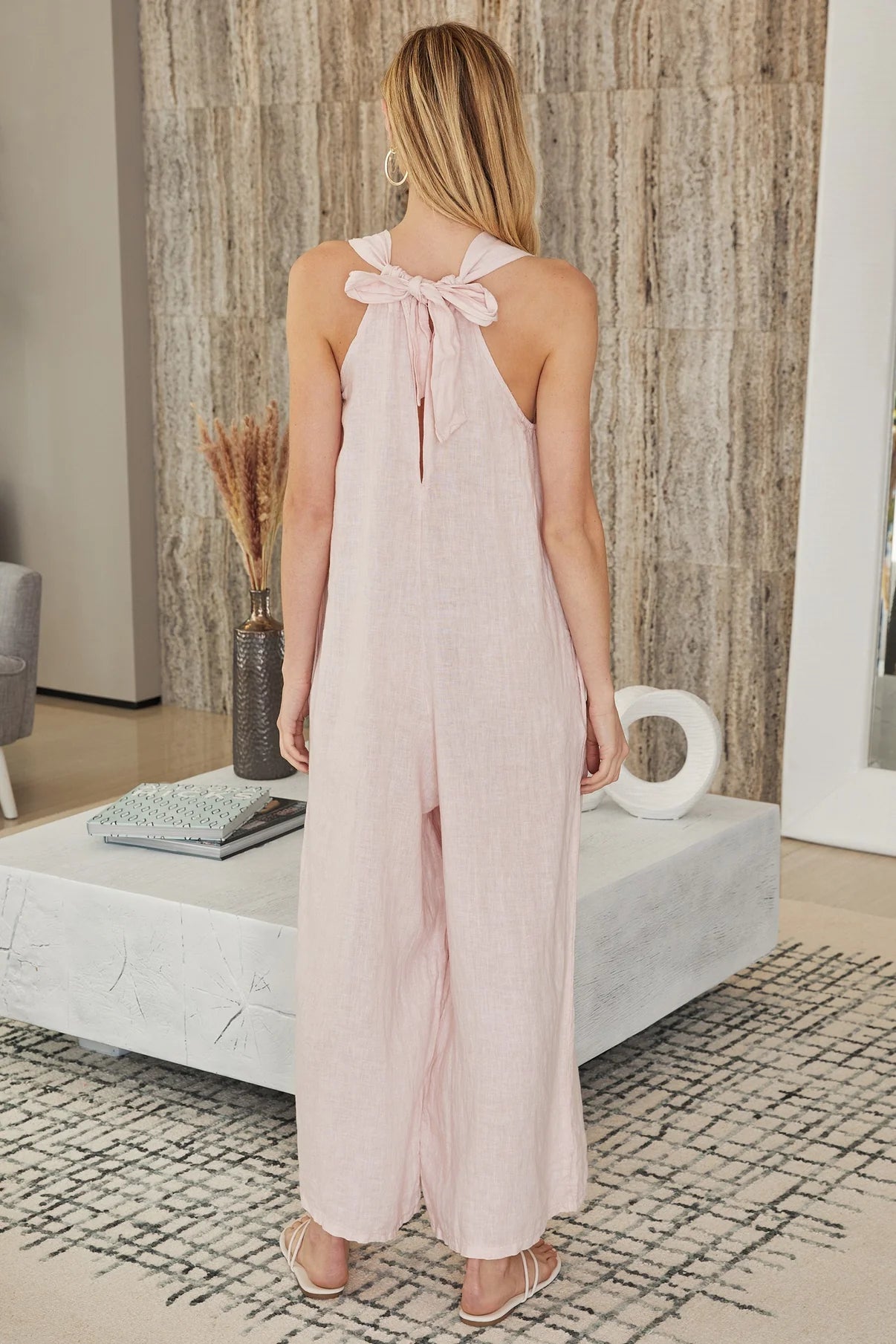 Italian Linen V-Neck Sleeveless Jumpsuit in Blush