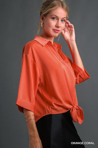 Satin 3/4 Sleeve Top in Coral