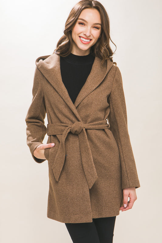 JQ Fleece Belted Hoodie Coat in Dk. Camel