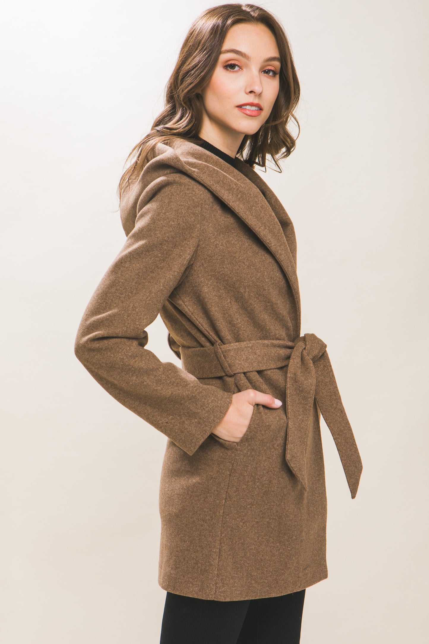 JQ Fleece Belted Hoodie Coat in Dk. Camel