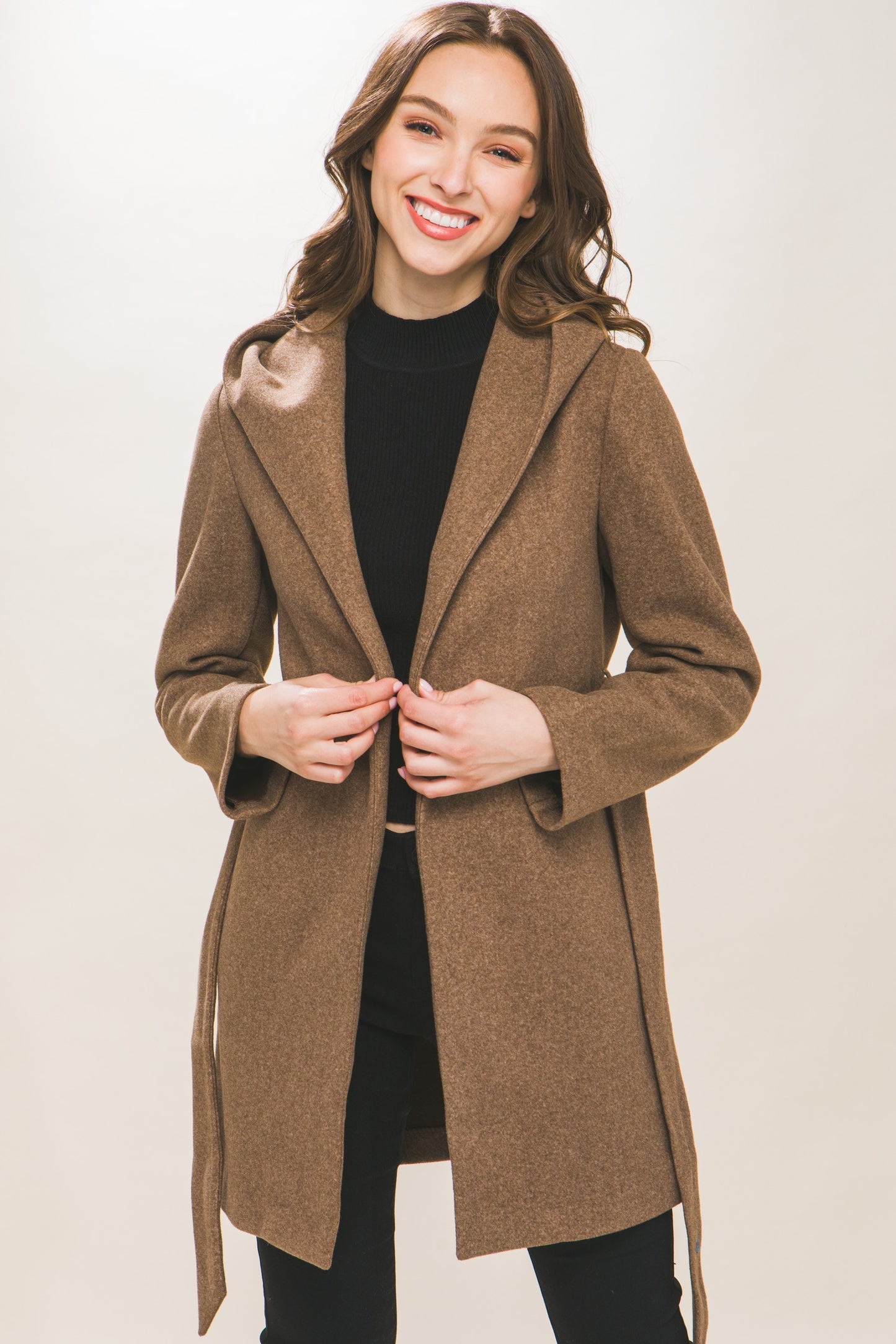 JQ Fleece Belted Hoodie Coat in Dk. Camel