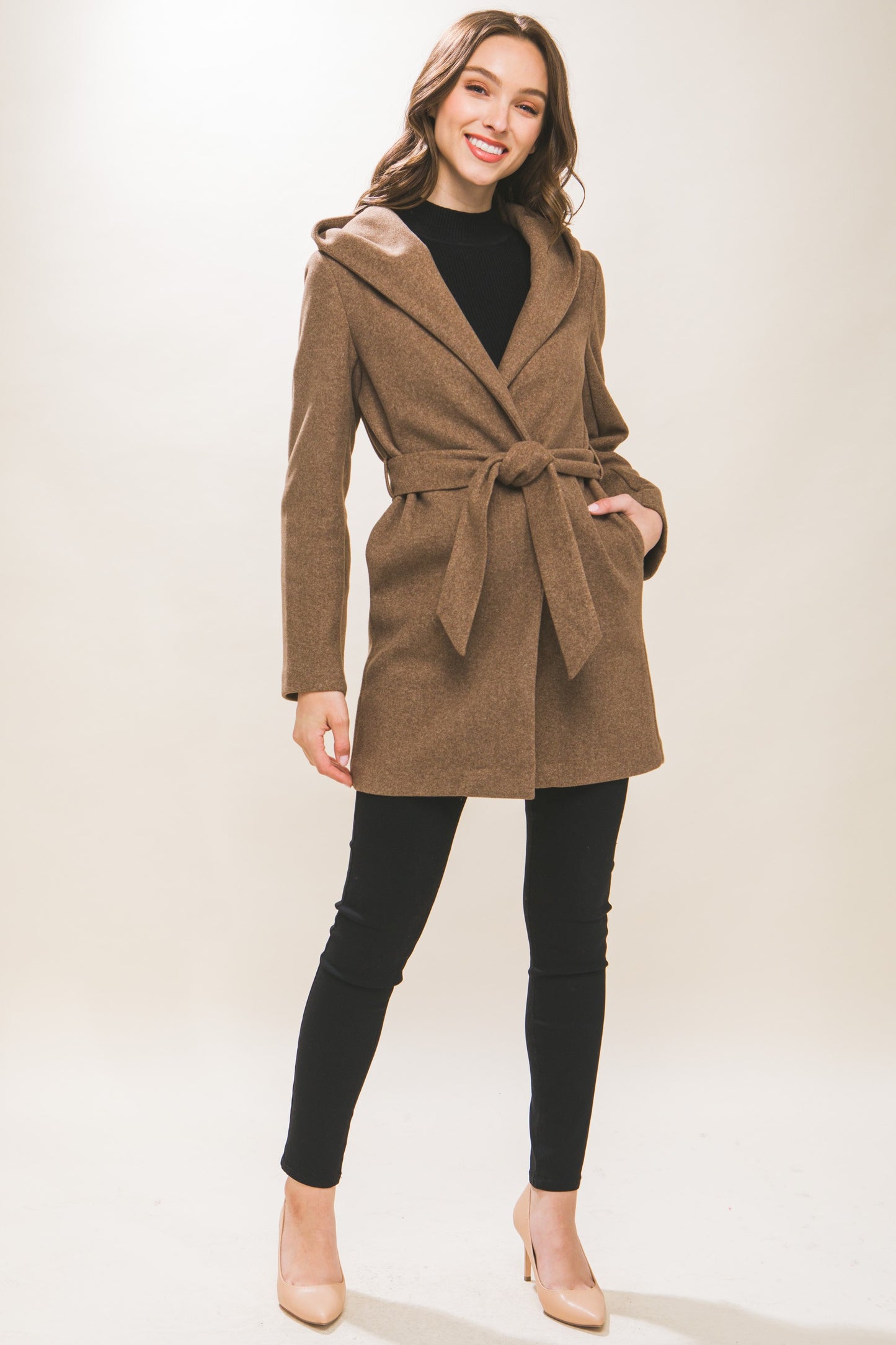 JQ Fleece Belted Hoodie Coat in Dk. Camel