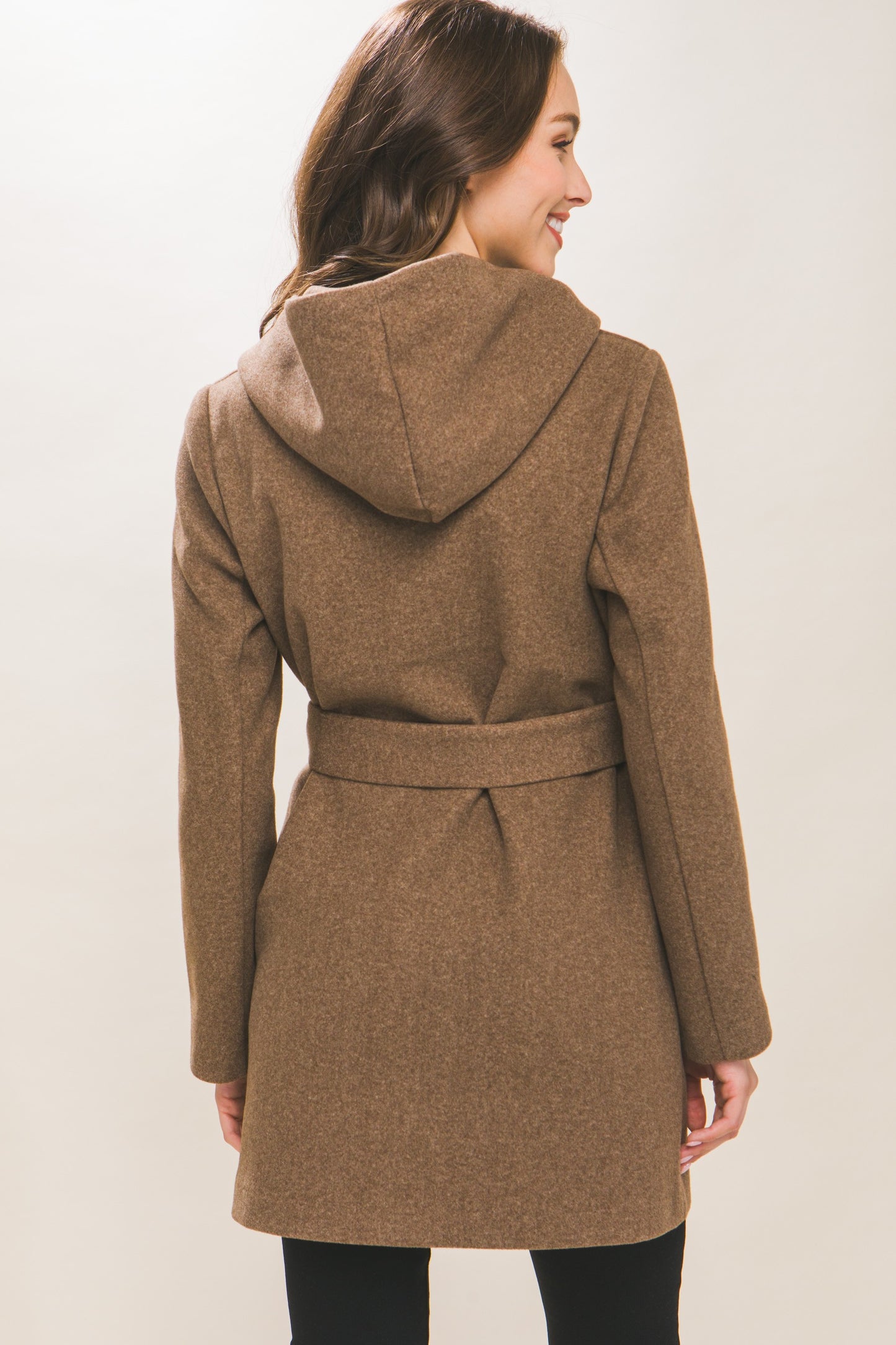 JQ Fleece Belted Hoodie Coat in Dk. Camel