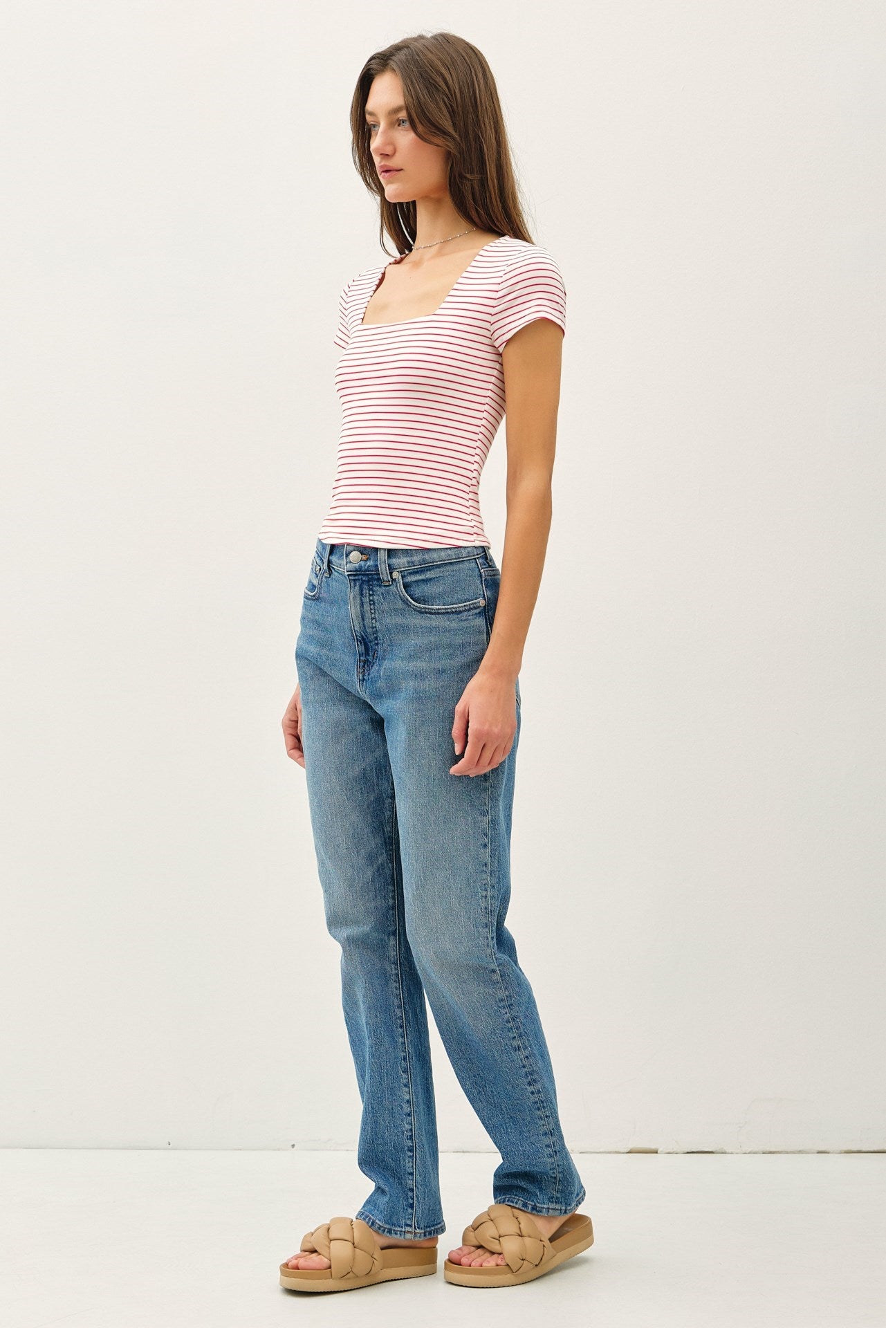 Square Neck Stripe Top in Red