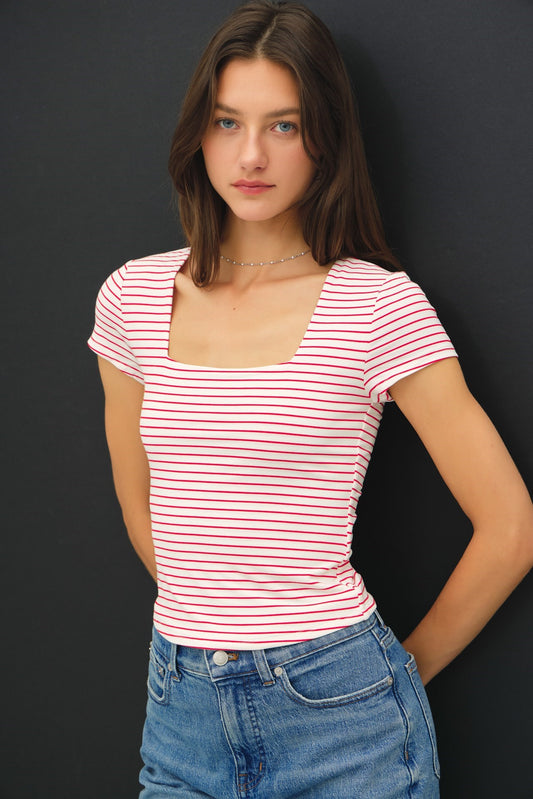 Square Neck Stripe Top in Red