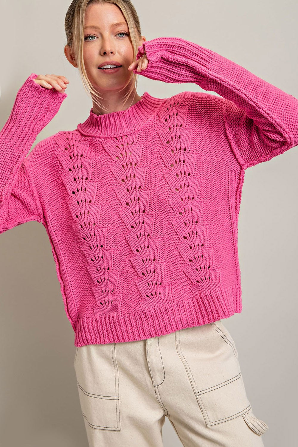 Crochet Long Sleeve Knit Top in Hot Pink