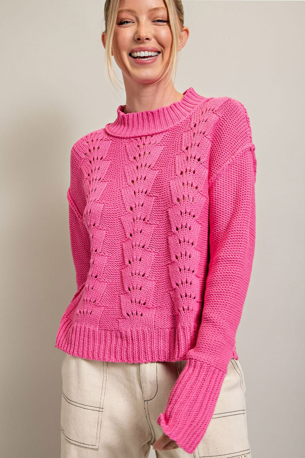 Crochet Long Sleeve Knit Top in Hot Pink