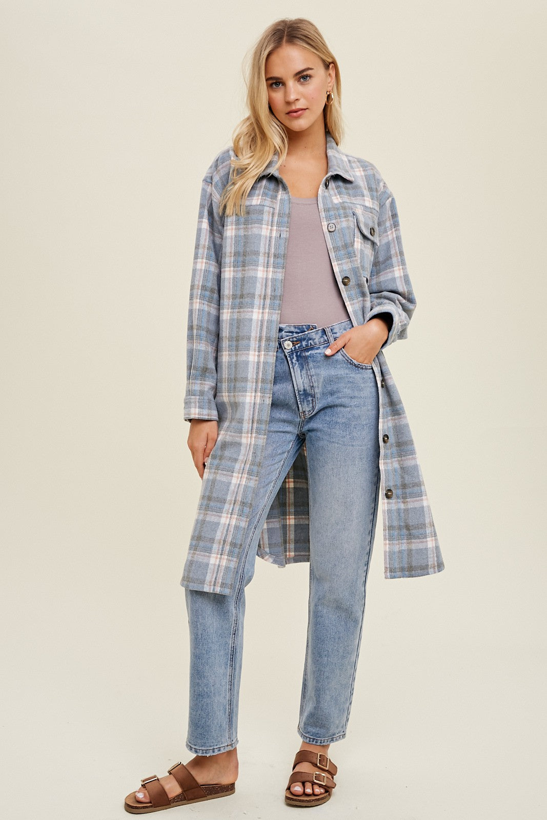 Long Plaid Shacket in Blue