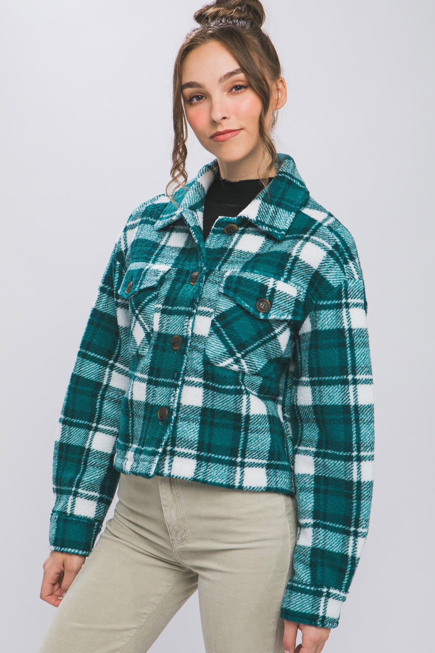 Soft Plaid Cropped Jacket in Hunter Green