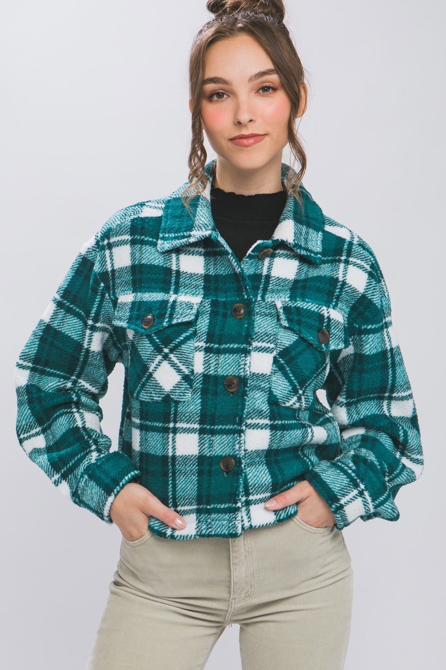 Soft Plaid Cropped Jacket in Hunter Green