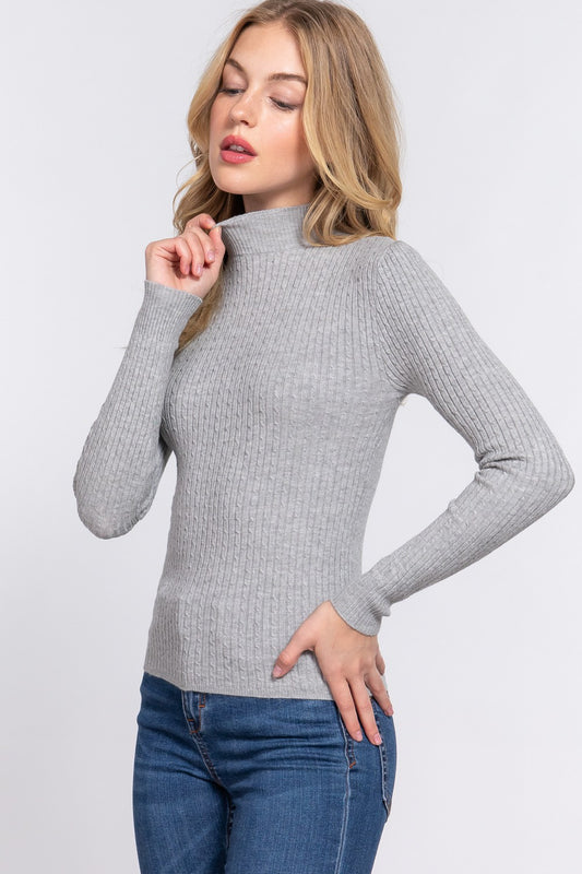 Mock Neck Rib Sweater in Heather Grey