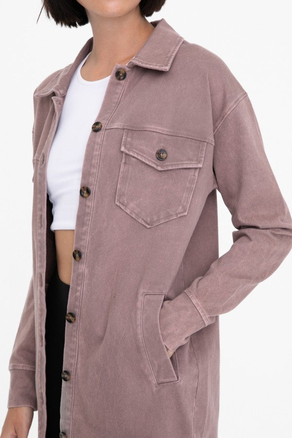 Washed Twill Longline Shacket in Dk. Taupe