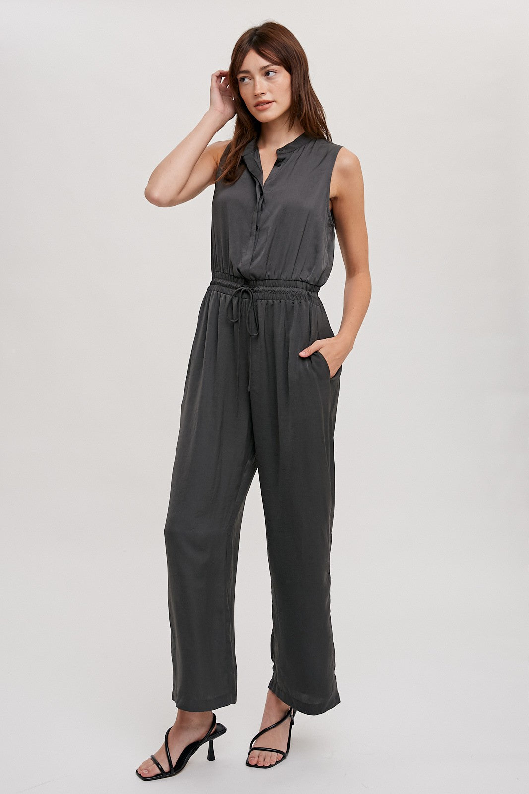 The Dede Satin Jumpsuit in Charcoal
