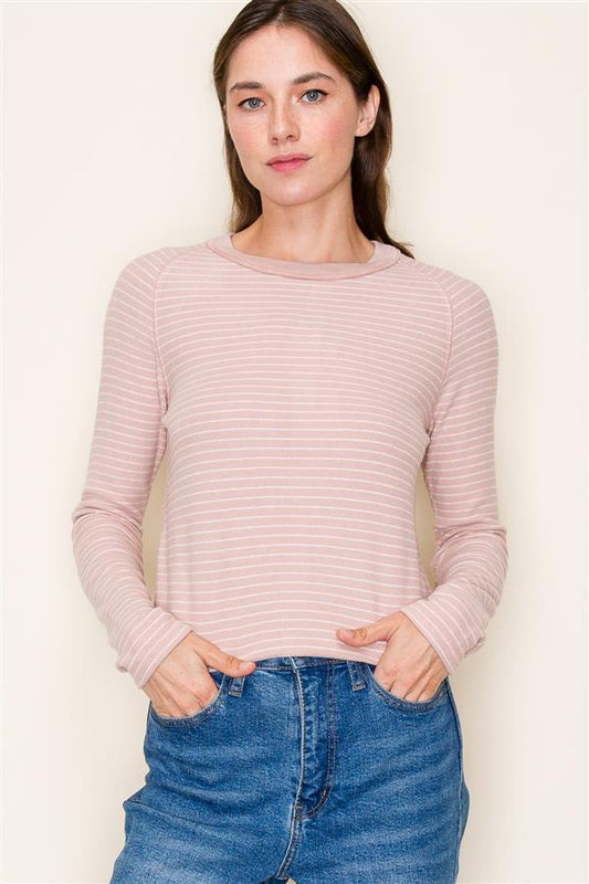 Stripe Crew Neck Top in Mauve/White