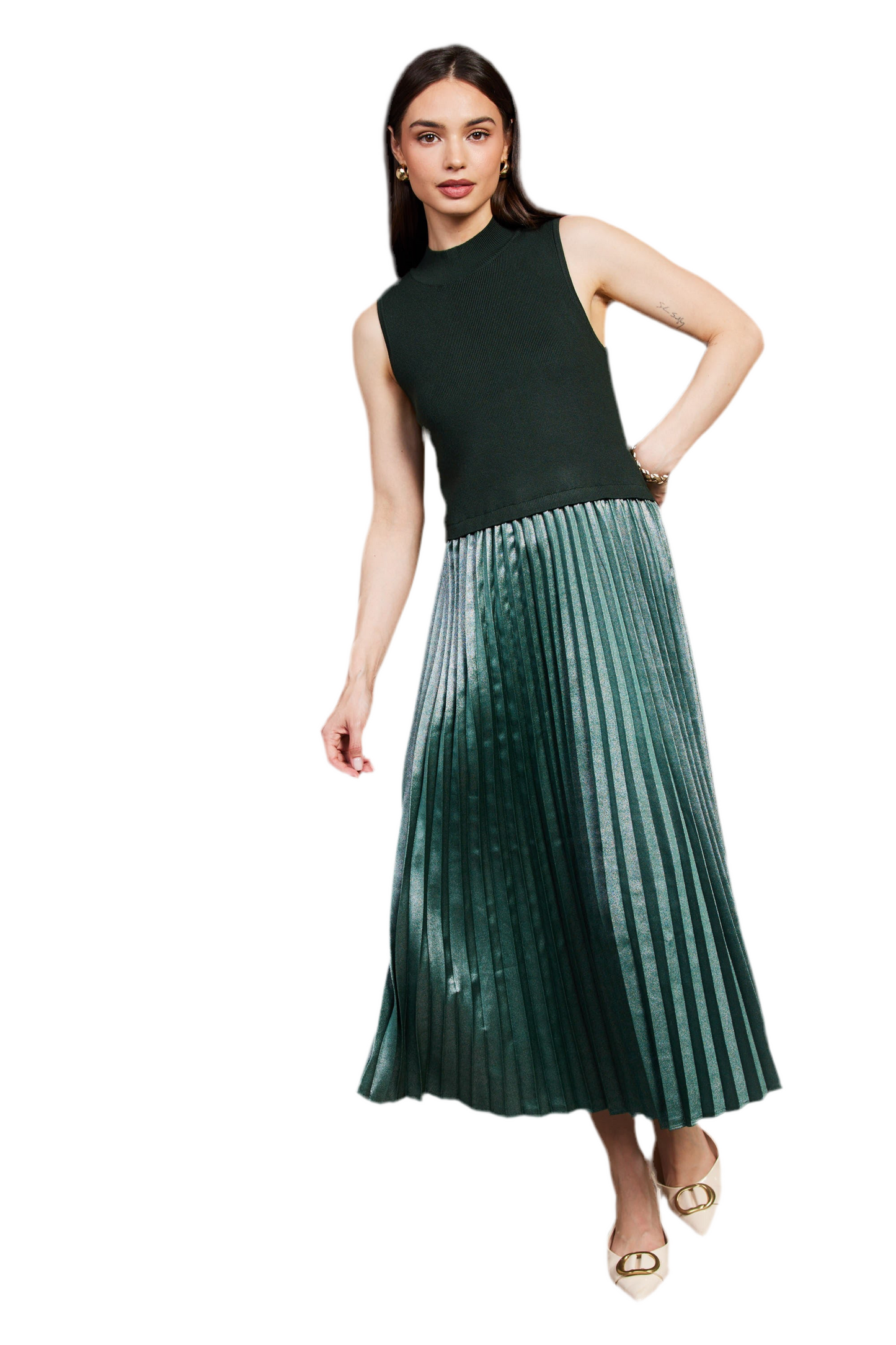 Pleated Contrast Dress in Hunter Green