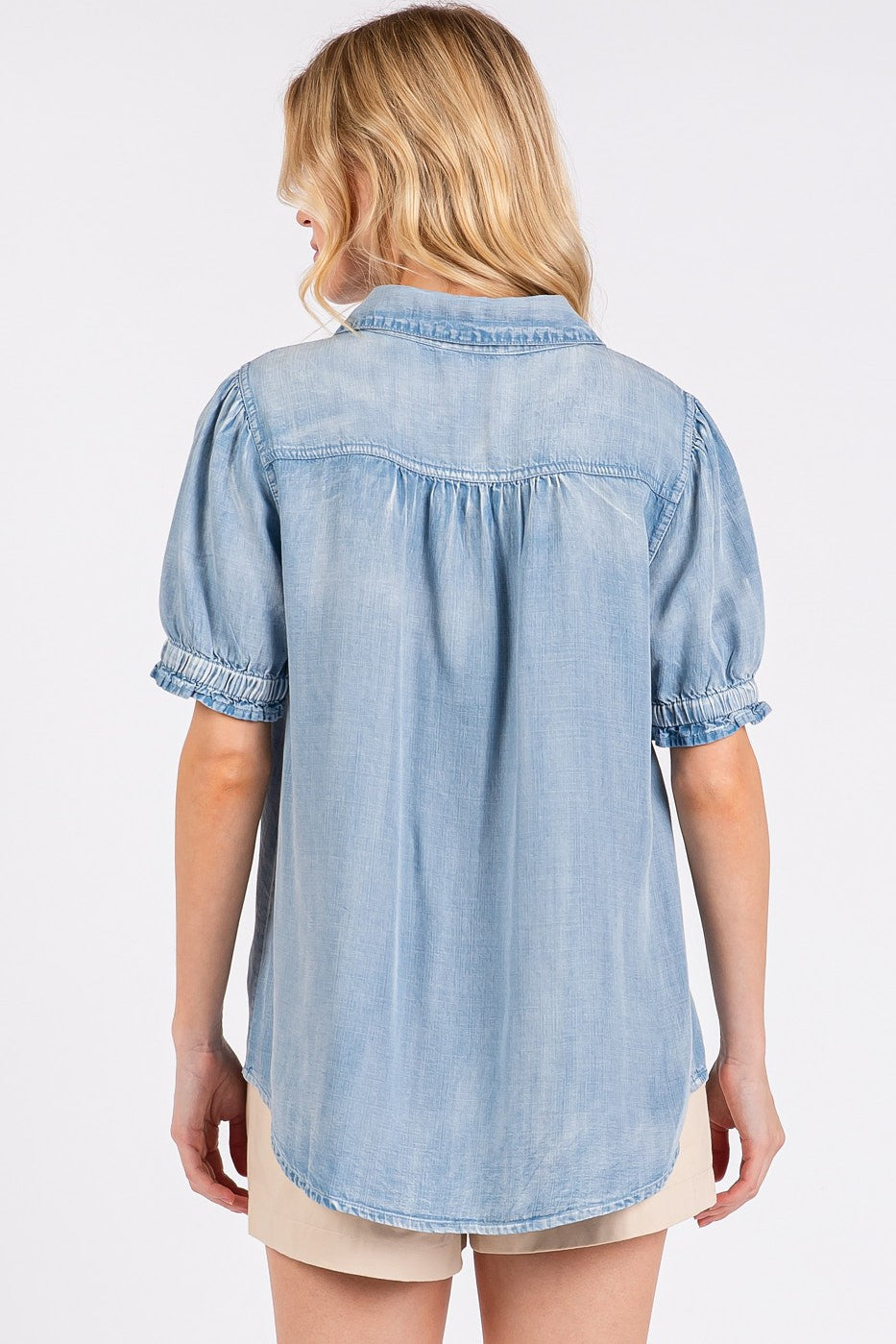 Tencel Puff Sleeve Top in Light Denim