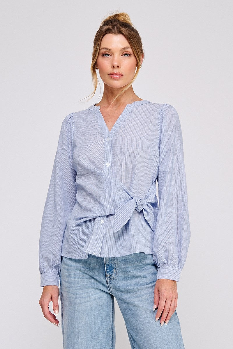Stripe Wrap-Tie Blouse in Blue
