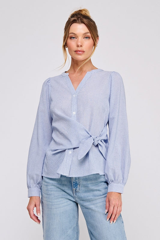 Stripe Wrap-Tie Blouse in Blue