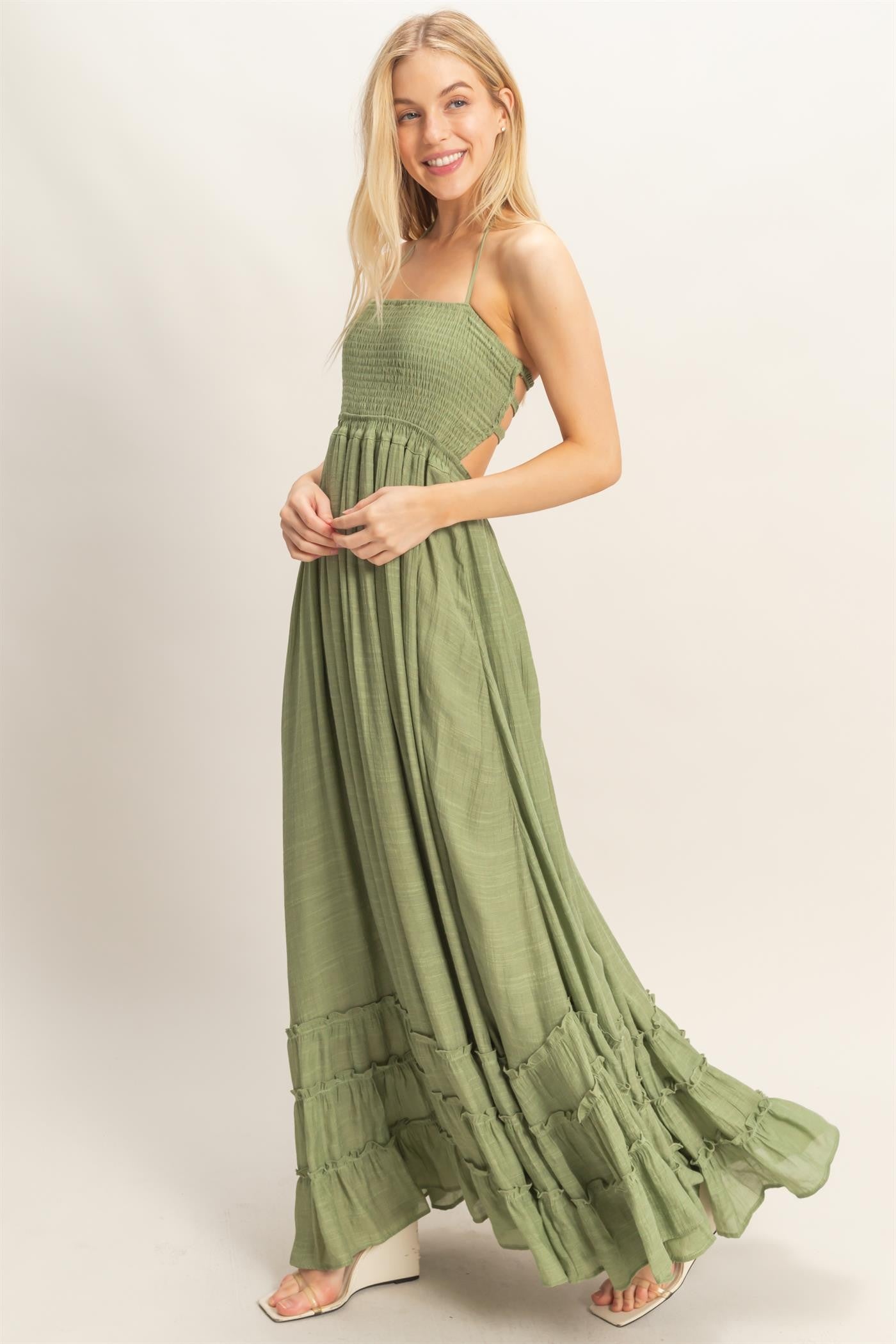 Smocked Halter Maxi Dress in Light Olive