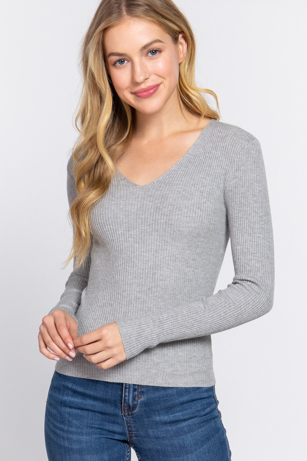 Long Sleeve V-Neck Rib Sweater