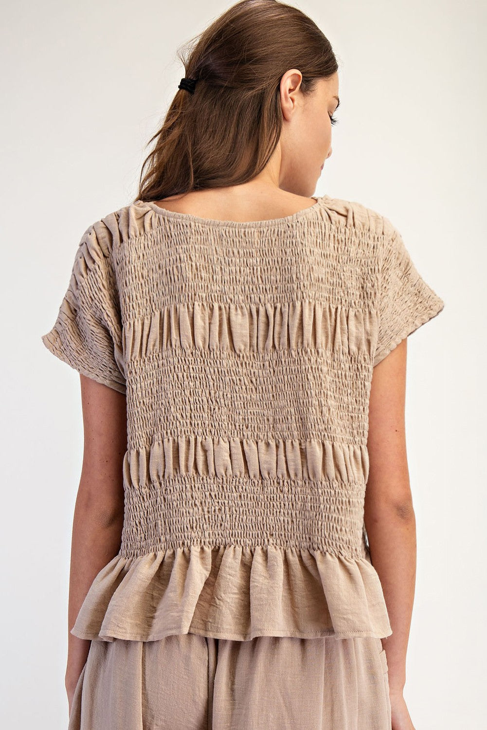 Ruched Crew Neck Top in Taupe