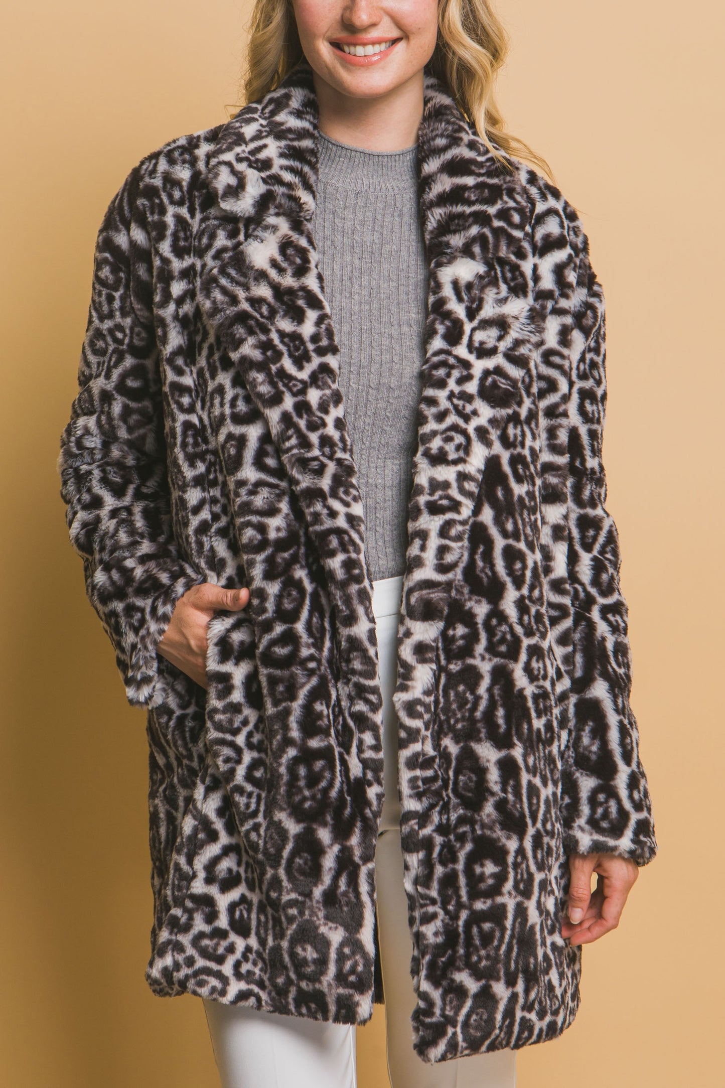 Faux Print Animal Print Fur Coat