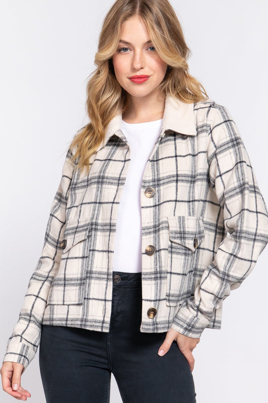 Faux Fur Collar Plaid Jacket in Cream