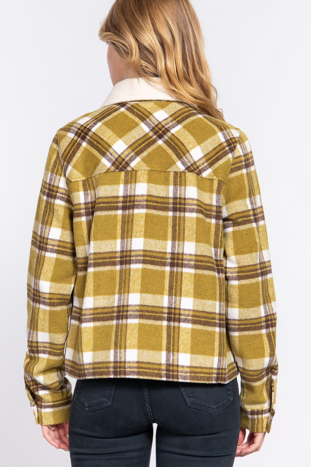 Faux Fur Collar Plaid Jacket in Olive