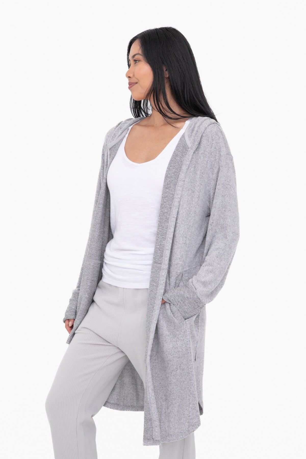 Open Front Hooded Cardigan in 2 Tone Charcoal