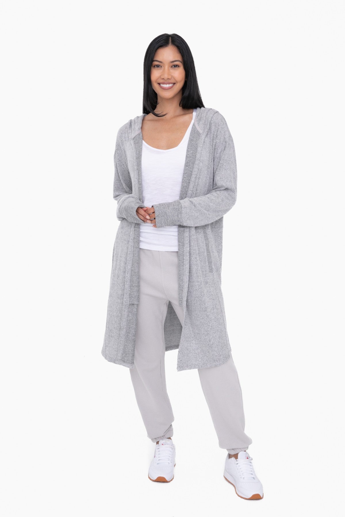 Open Front Hooded Cardigan in 2 Tone Charcoal