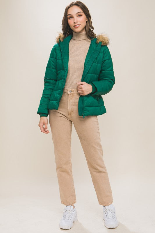 Puffer Jacket With Removable Hoodie in Hunter Green