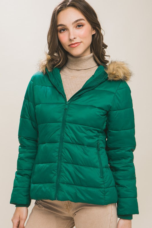 Puffer Jacket With Removable Hoodie in Hunter Green