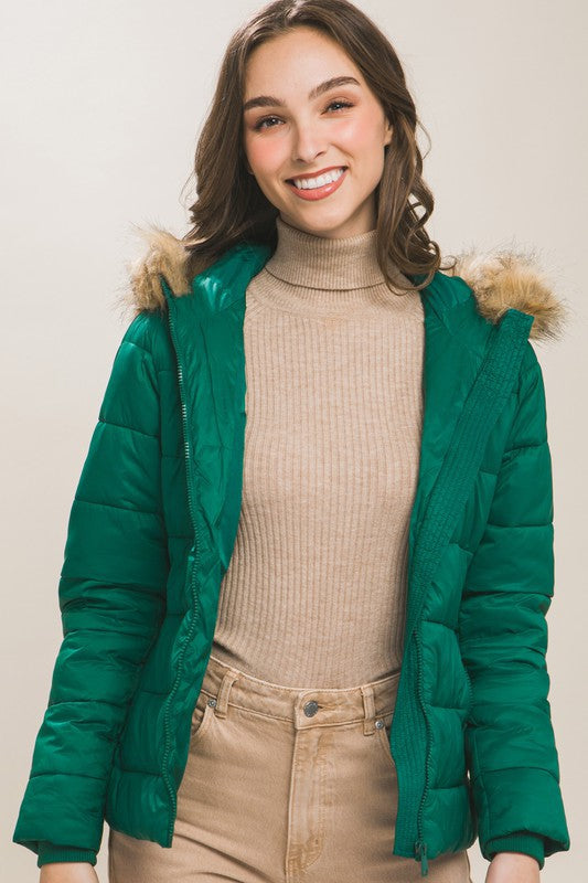 Puffer Jacket With Removable Hoodie in Hunter Green