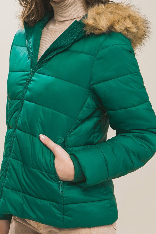 Puffer Jacket With Removable Hoodie in Hunter Green