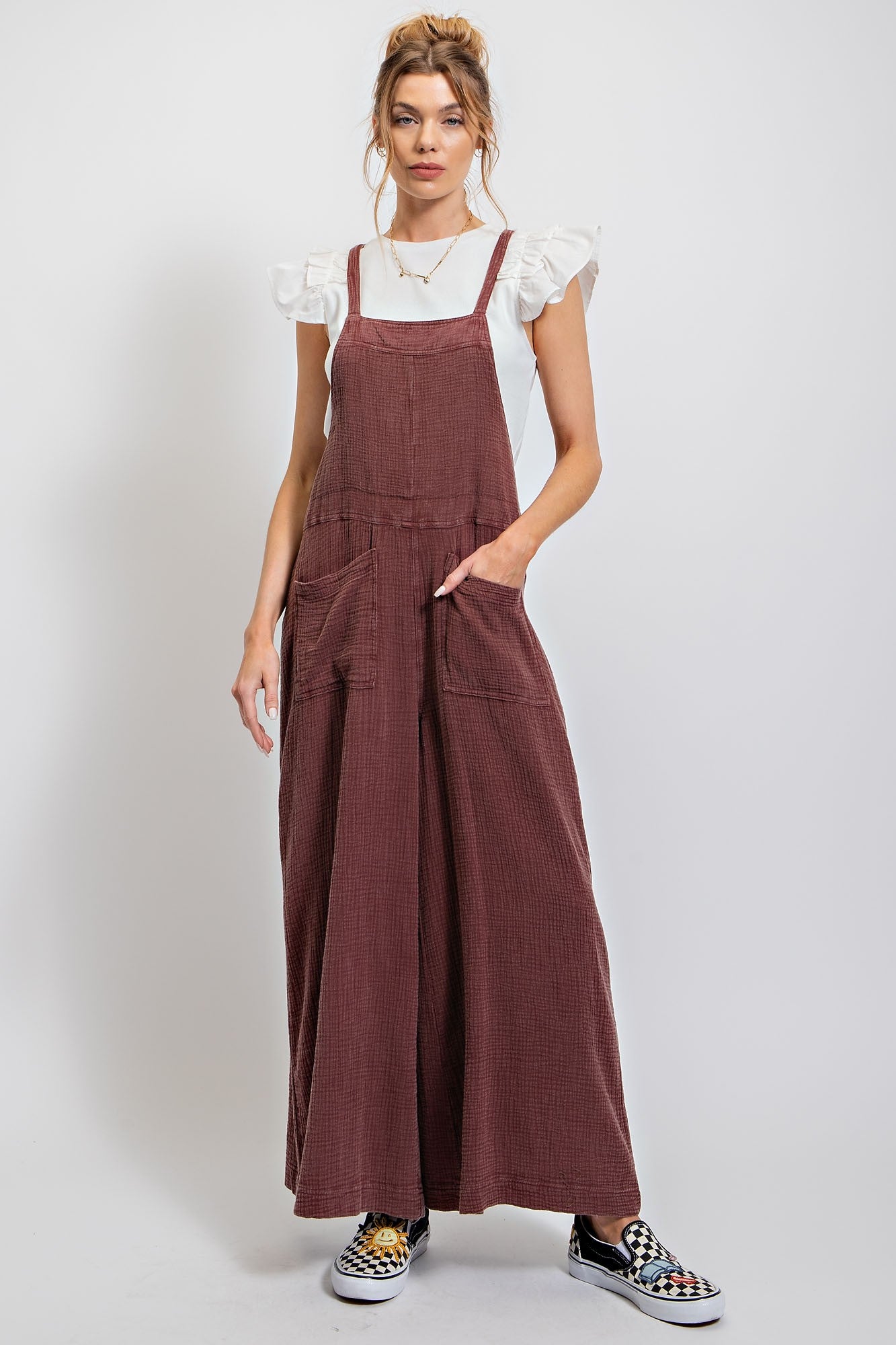 Vintage Washed Cotton Jumpsuit in Faded Plum