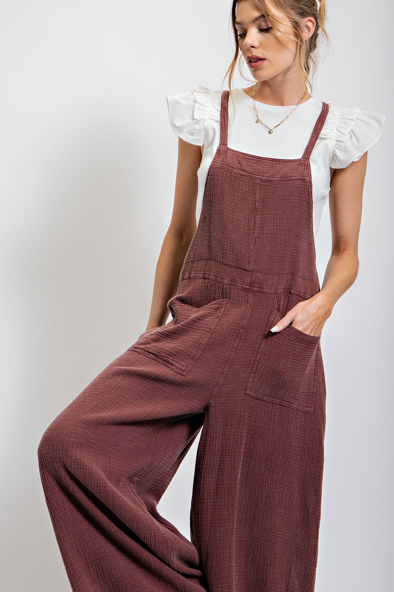 Vintage Washed Cotton Jumpsuit in Faded Plum