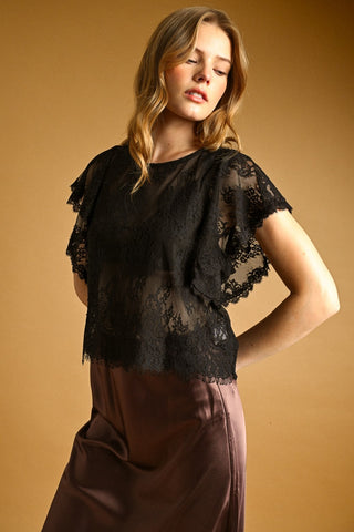 Lace Scalloped Overlay Top in Black & Ecru