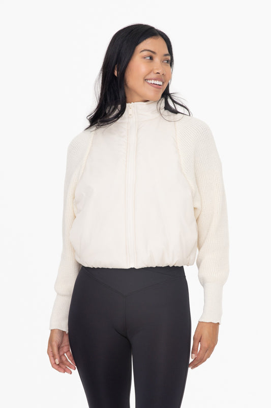 Padded Hybrid Zip Sweater in Cream