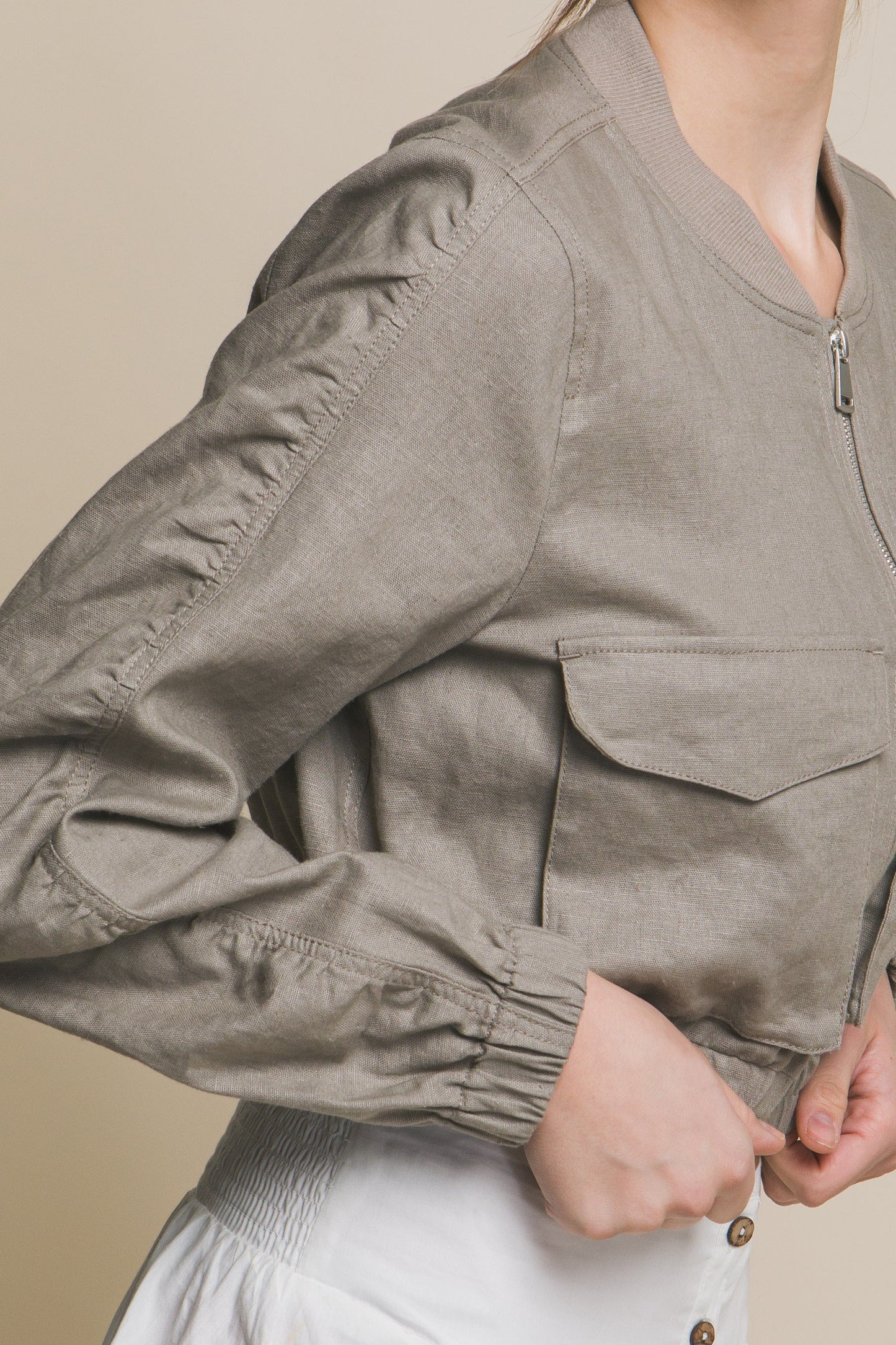 Linen Blend Cropped Bomber Jacket