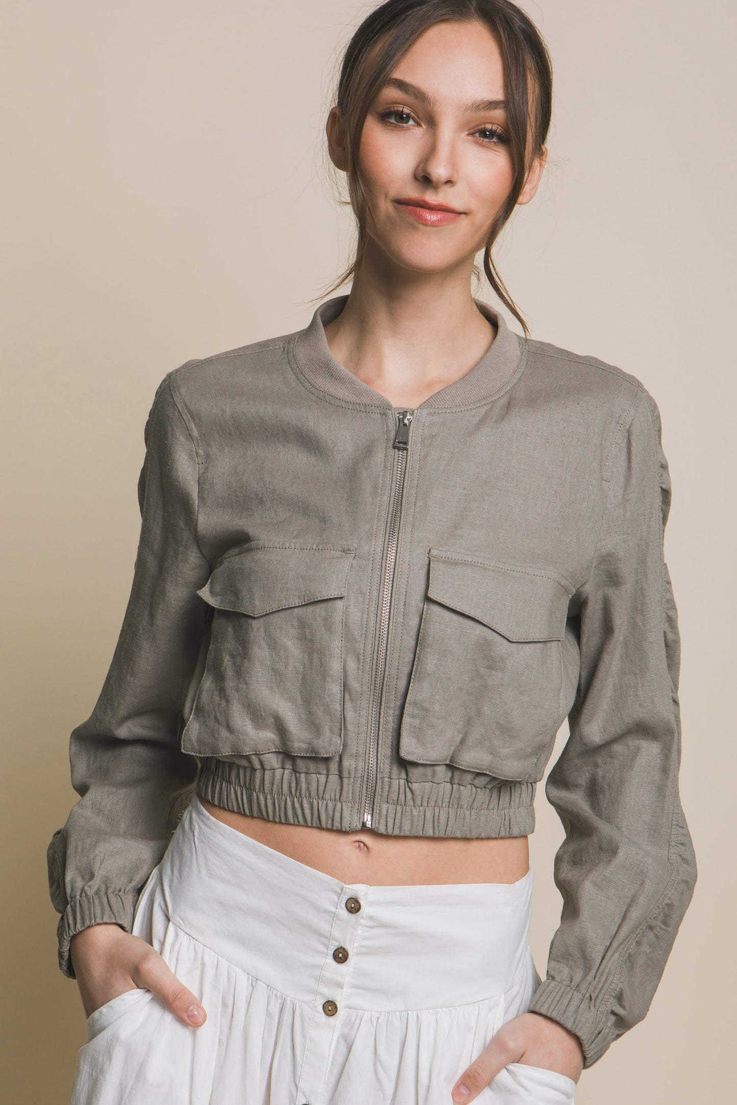 Linen Blend Cropped Bomber Jacket