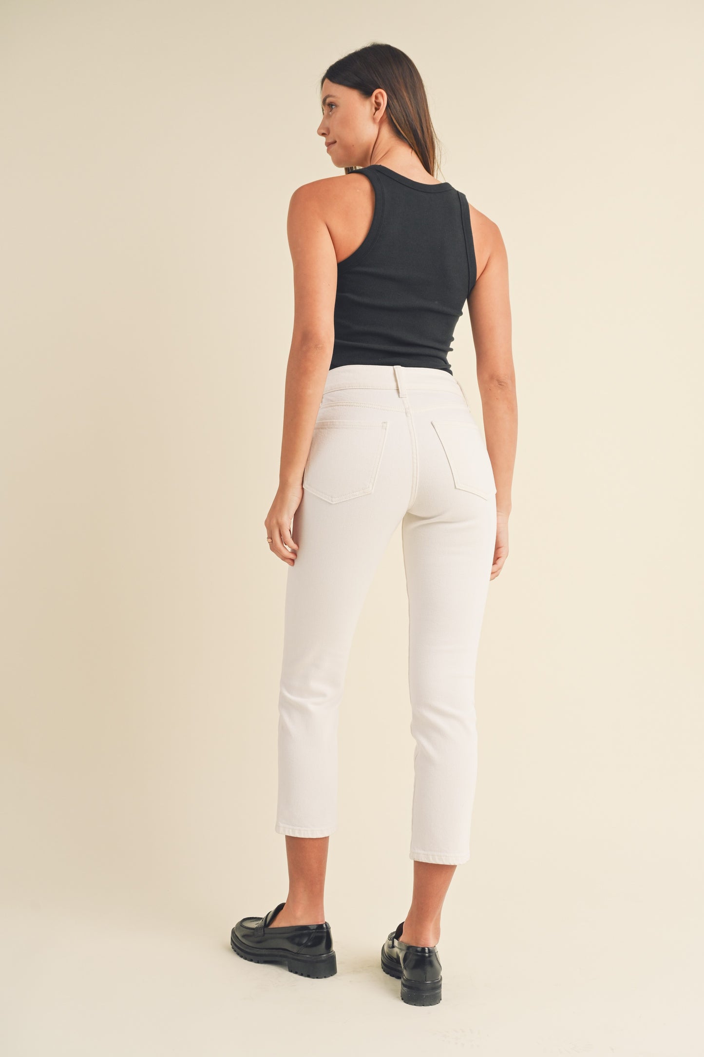 Double Button Straight Jeans in Off White