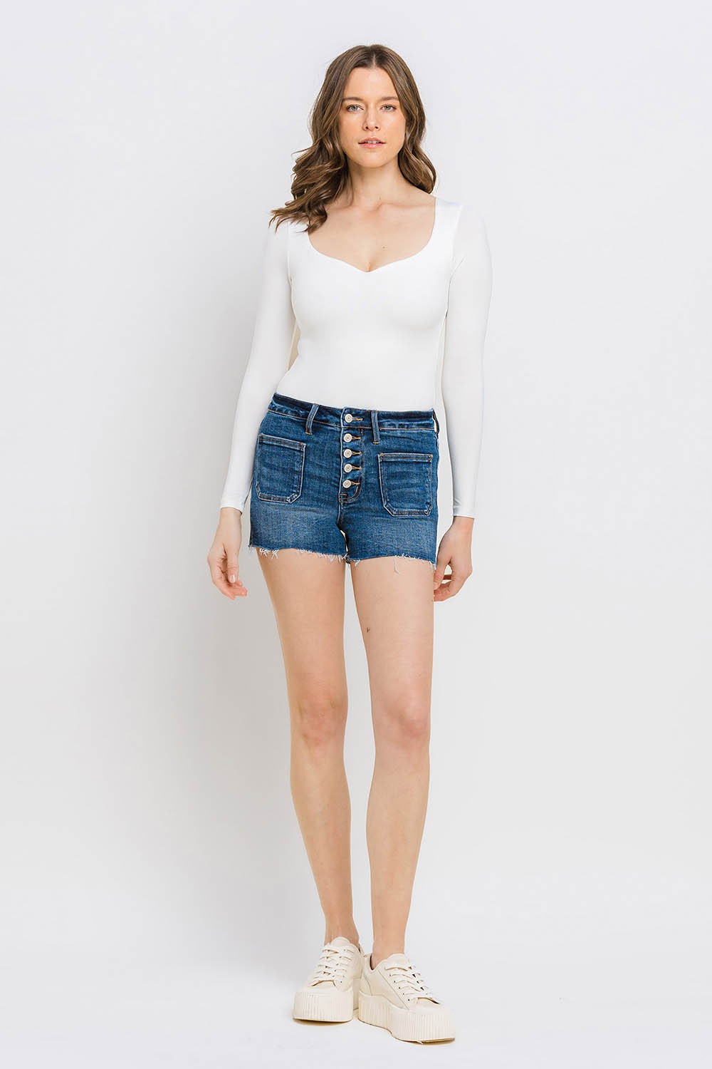 High Rise Patched Pocket Detail Button Up Shorts