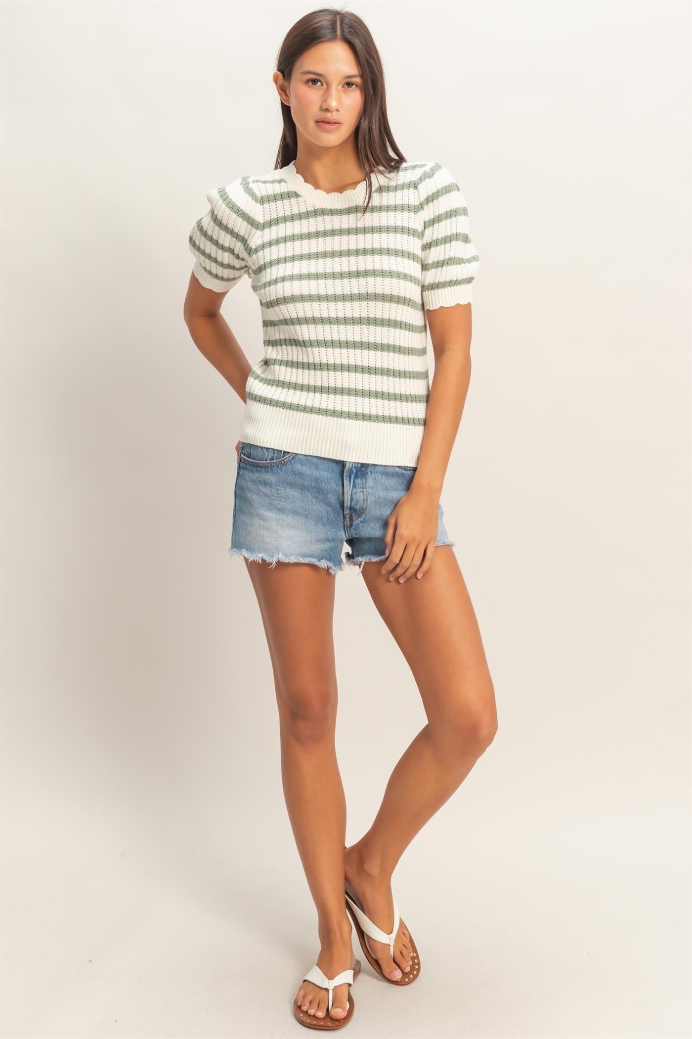 Striped Scallop Edge Puff Sleeve Knit Top