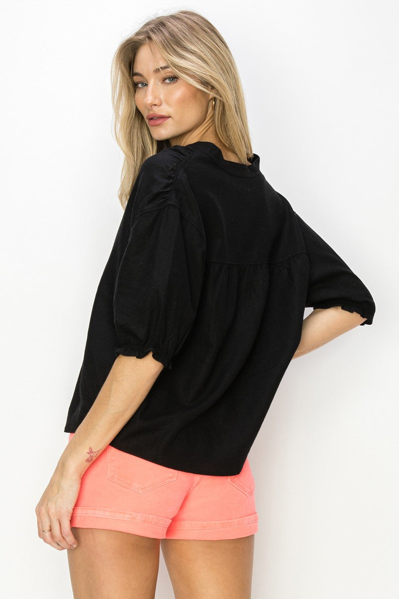 Oversized Linen Short Sleeve Top in Black