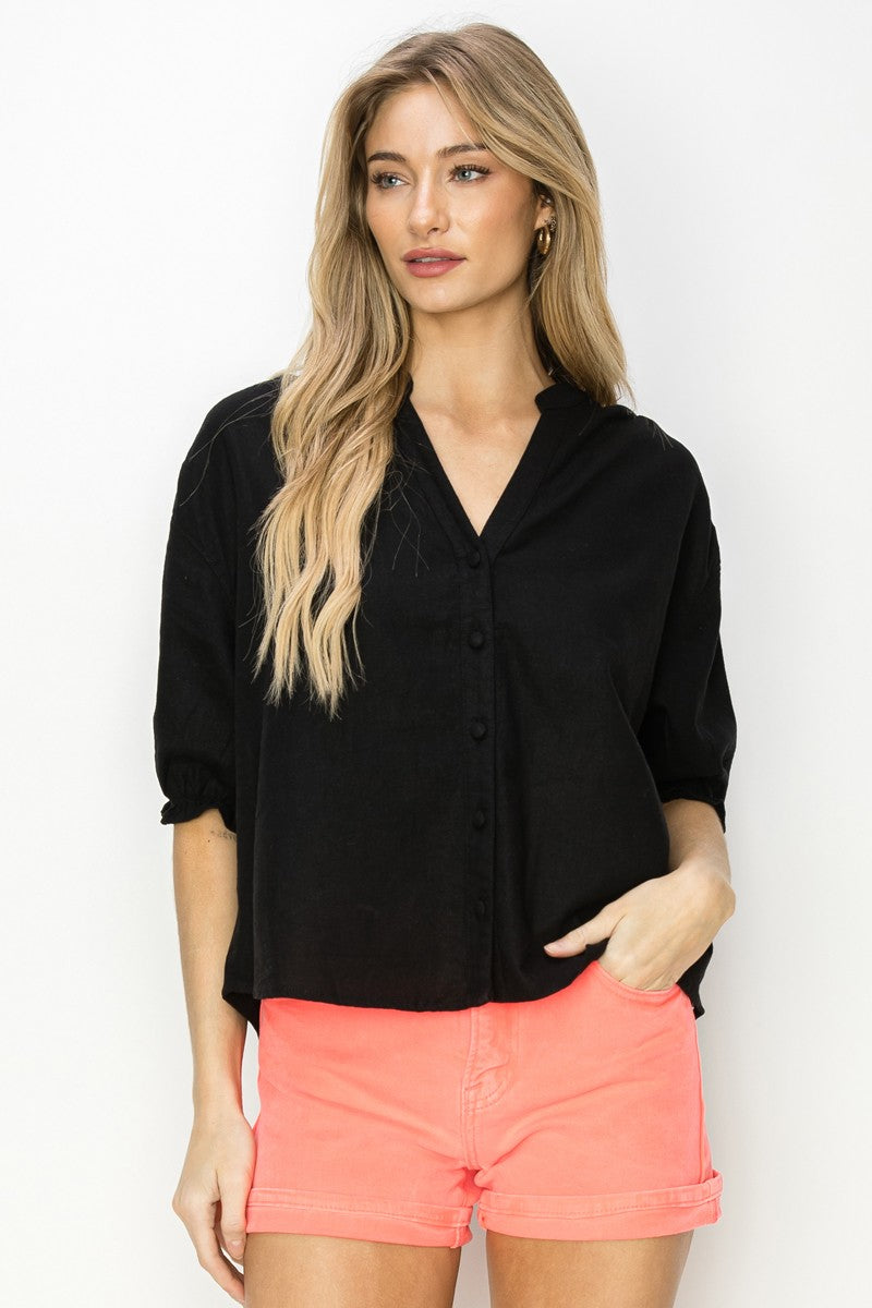 Oversized Linen Short Sleeve Top in Black