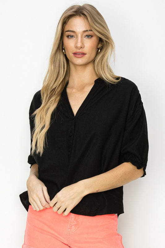 Oversized Linen Short Sleeve Top in Black