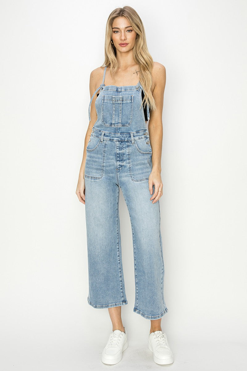 Crop Straight Leg Overalls in Med. Wash