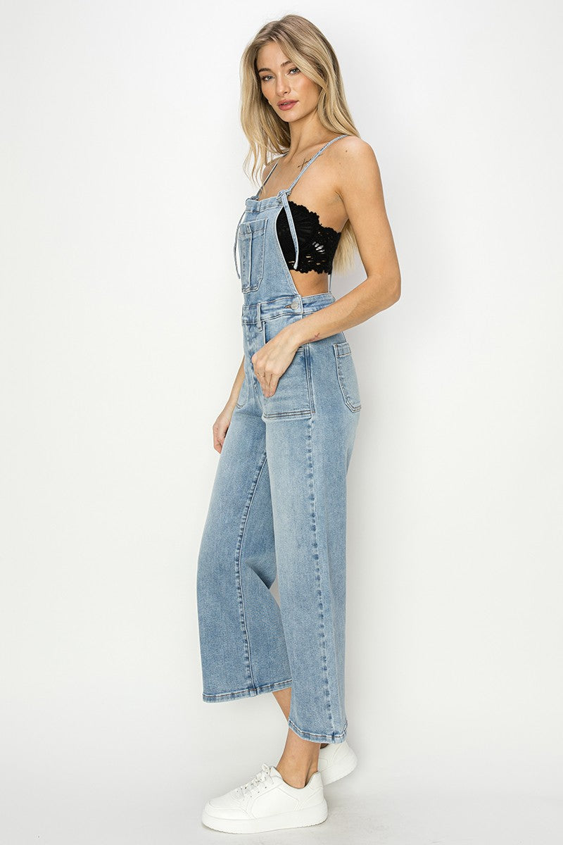 Crop Straight Leg Overalls in Med. Wash