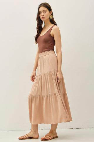 Smocked Waist Tiered Maxi Skirt in Sand
